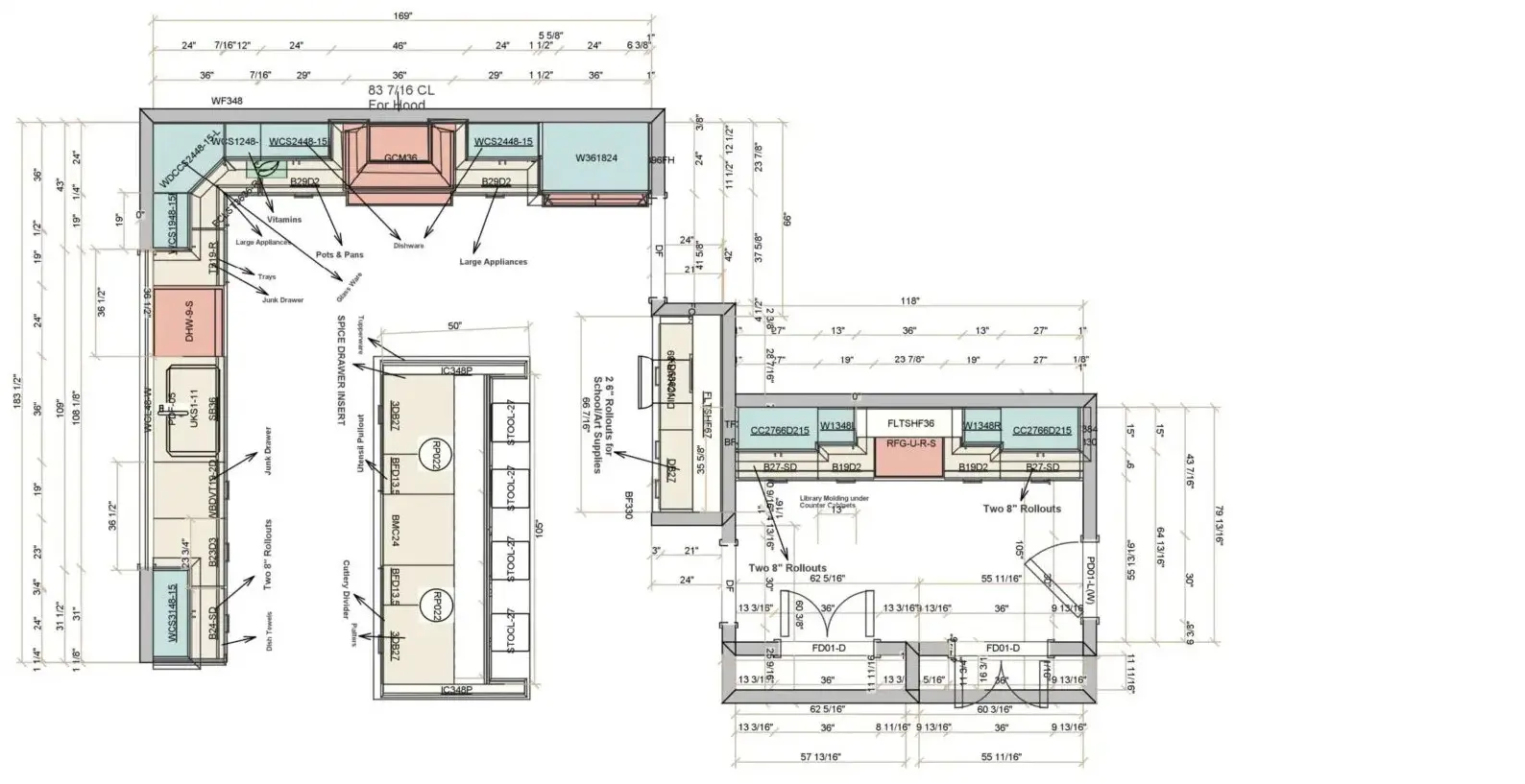 A drawing of the interior of a kitchen.