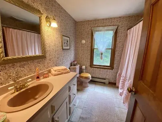 A bathroom with a sink, mirror and toilet.