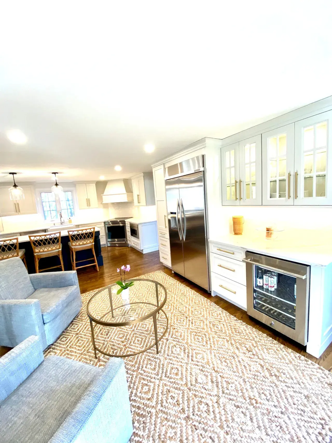 A living room with a couch and a table