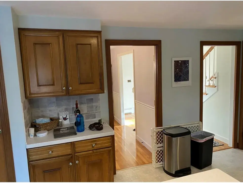 A kitchen with wood cabinets and a sink.